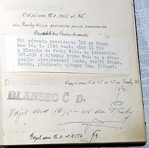 zápis v deníku Masarykova vagonu z r. 1945